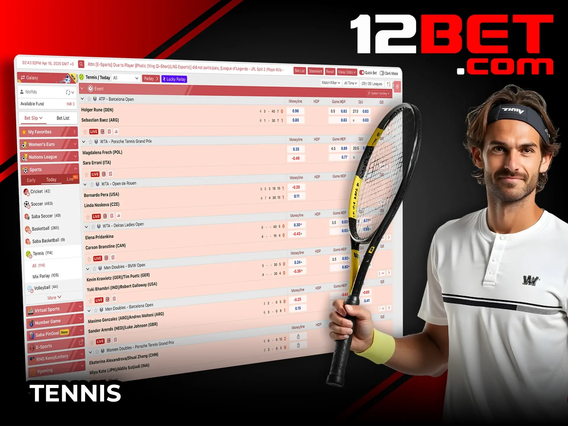 12Bet टेनिस मैचों में स्कोर या खिलाड़ी की जीत पर दांव लगाएं।